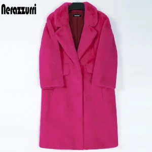 Nerazzurri Hot Pink Faux Fur Coat for Women – Long, Thick, Fluffy, Warm Winter Jacket 2022