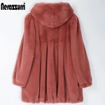 Nerazzurri Pleated Faux Fur Coat with Hood – Fluffy Skirted Jacket for Women, Fall 2022, Plus Size 5XL-6XL