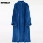 Nerazzurri Plus Size Blue Faux Fur Winter Coat – Warm, Fluffy, A-Line 5XL-7XL