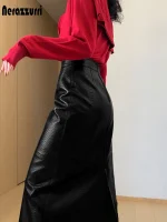Nerazzurri Black Crocodile Print PU Leather Midi Skirt – High Waist Zipper Y2K Women’s Skirt