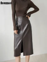 Nerazzurri Brown PU Leather Midi Skirt – High Waist Front Slit Korean Fashion for Women