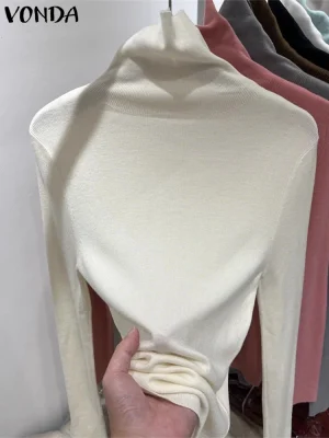 2025 Women’s Turtleneck Knitted Pullover – Solid Long Sleeve Sweater
