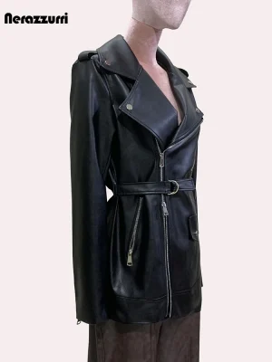 Nerazzurri Black Fitted PU Leather Jacket – Women’s Long Sleeve Belted Shoulder-Pad Designer Jacket 2024