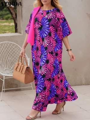 VONDA 2025 Plus Size Bohemian Maxi Dress – Vintage Print Long Lantern Sleeve Party Robe