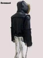 Nerazzurri Short Black Faux Sheepskin Hooded Coat – Thick, Warm & Fluffy Winter Jacket for Men
