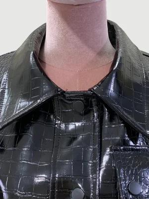 Nerazzurri Crocodile Print PU Leather Jacket – Short Shiny Turn-Down Collar Designer Women’s Outerwear
