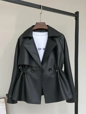 Nerazzurri Black Faux Leather Trench Coat – Short, Soft Women’s Jacket with Raglan Sleeves and Drawstring 2025