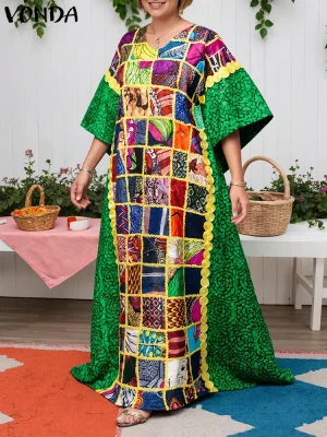 VONDA 2025 Plus Size Vintage Patchwork Maxi Dress – Printed V-Neck Loose Sundress