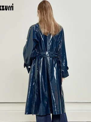 Nerazzurri Dark Blue Faux Leather Trench Coat – Lightweight, Waterproof, Reflective Women’s Outerwear 2025