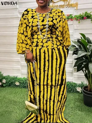 2025 Plus Size Vintage Printed Dress – Bohemian 3/4 Sleeve O-Neck Sundress
