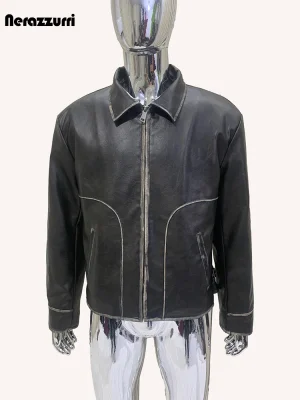 Nerazzurri Washed Black PU Leather Jacket – Quilted Lining, Turn-Down Collar Men’s Retro Jacket