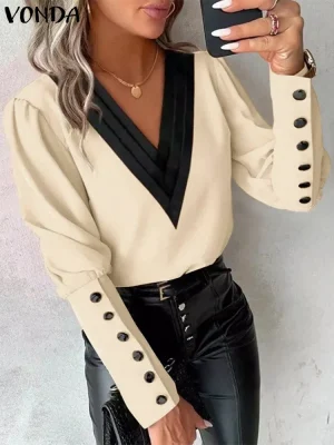 Plus‑Size Lantern Sleeve V‑Neck Blouse – 5XL