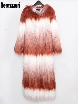 Nerazzurri Multicolored Faux Mongolian Fur Coat – Long, Thick, Shaggy Women’s Winter Jacket 2023