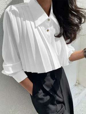 Elegant Pleated Ruffle Long‑Sleeve Blouse