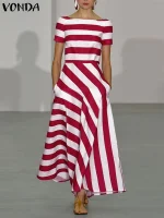 2025 Plus Size Off-Shoulder Stripe Dress – Loose Short Sleeve Summer Sundress