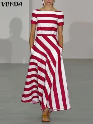 2025 Plus Size Off-Shoulder Stripe Dress – Loose Short Sleeve Summer Sundress