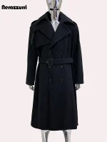 Nerazzurri Long Black Wool Blend Belted Coat for Men – Oversized Luxury Winter Overcoat 2024