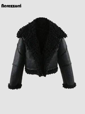 Nerazzurri Short Black Faux-Sheepskin Coat – Thick, Warm & Fluffy Women’s Winter Outerwear 2024