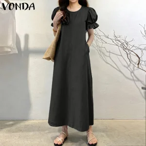 Plus-Size 5XL VONDA Autumn Short-Sleeve Maxi Sundress