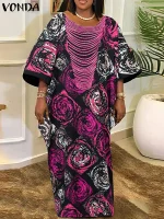 Plus‑Size Bohemian Floral Puff‑Sleeve Maxi Dress