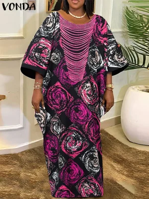Plus‑Size Bohemian Floral Puff‑Sleeve Maxi Dress