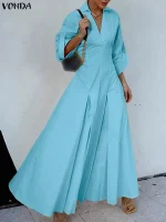 Plus-Size Autumn Long-Sleeve V-Neck Maxi Dress – 5XL