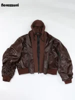 Nerazzurri Brown Oversized Faux Leather Jacket for Men – Thickened Hooded 2-Piece European Style, Autumn/Winter
