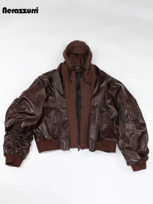 Nerazzurri Brown Oversized Faux Leather Jacket for Men – Thickened Hooded 2-Piece European Style, Autumn/Winter