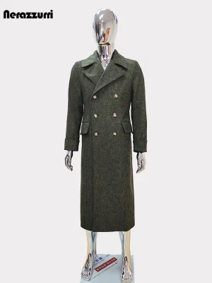 Nerazzurri Men’s Woolen Polo Coat – Long, Thick, Double-Breasted Luxury Overcoat, Autumn/Winter