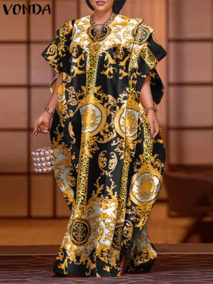 Plus‑Size Satin Patchwork Bat‑Sleeve Maxi Dress – 5XL