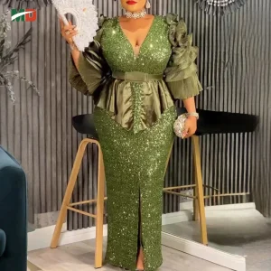 Plus-Size V-Neck Ruffled Mermaid Dress