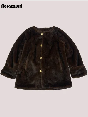 Nerazzurri Brown Faux Mink Fur Coat – Soft, Warm Women’s Luxury Jacket, Elegant Chic 2025