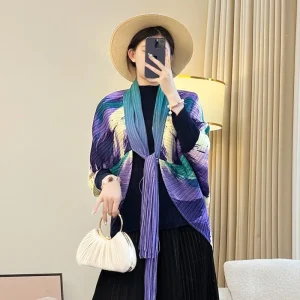 Miyake Pleated Bat-Sleeve Shawl & Printed Scarf Top