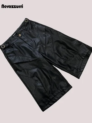 Nerazzurri Black Faux Leather Shorts for Men – High Waist Wide-Leg Knee-Length Pants 2025