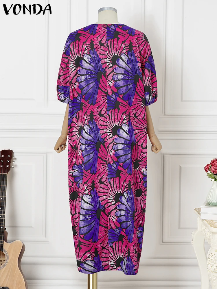 VONDA 2025 Plus Size Bohemian Maxi Dress – Vintage Print Long Lantern Sleeve Party Robe - Image 3