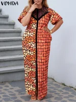 VONDA 2025 Vintage Patchwork Maxi Dress – Printed Short Sleeve Casual Beach Sundress