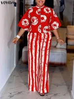 2025 Plus Size 2-Piece Bohemian Outfit – 3/4 Sleeve Top & Wide Leg Pants