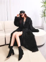 Nerazzurri Black Faux Mongolia Sheep Fur Coat – Extra Long Oversized Women’s Maxi Winter Overcoat 2023