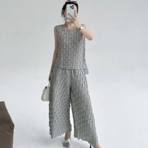 Miyake Pleated Sleeveless Vest & Wide-Leg Pants Set