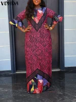 Plus-Size Vintage Printed 3/4 Sleeve Maxi Dress