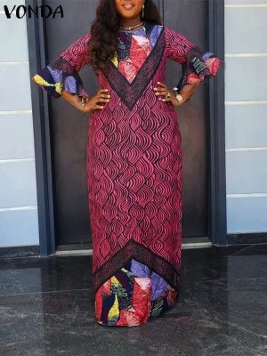 Plus-Size Vintage Printed 3/4 Sleeve Maxi Dress