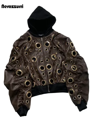 Nerazzurri Gold PU Leather Hooded Jacket Men – Oversized Hollow-Out 2-Piece Look