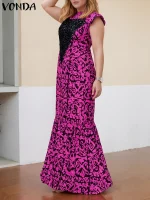 VONDA 2025 Plus Size Bohemian Patchwork Maxi Dress – Sleeveless Ruffled Long Sundress