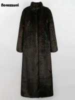Nerazzurri Striped Faux Mink Fur Coat – Extra Long Thick Warm Maxi Overcoat for Women, Winter 2022
