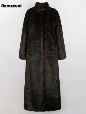 Nerazzurri Striped Faux Mink Fur Coat – Extra Long Thick Warm Maxi Overcoat for Women, Winter 2022