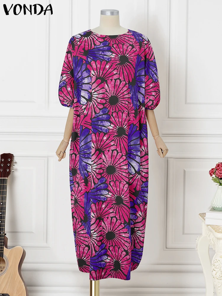 VONDA 2025 Plus Size Bohemian Maxi Dress – Vintage Print Long Lantern Sleeve Party Robe - Image 2