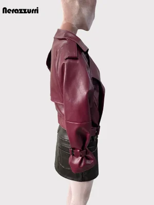 Nerazzurri Burgundy Short PU Leather Jacket – Women’s Long Raglan Sleeve Designer Jacket, Spring/Autumn