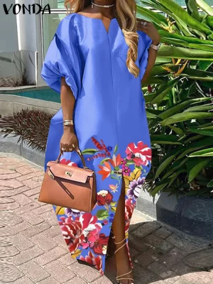 Women’s Bohemian Satin Maxi Dress – Plus Size 5XL