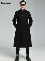 Nerazzurri Black Wool Blend Mandarin Collar Coat for Men – Chic Chinese-Style Winter Overcoat