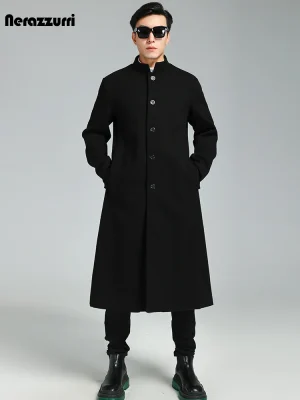 Nerazzurri Black Wool Blend Mandarin Collar Coat for Men – Chic Chinese-Style Winter Overcoat